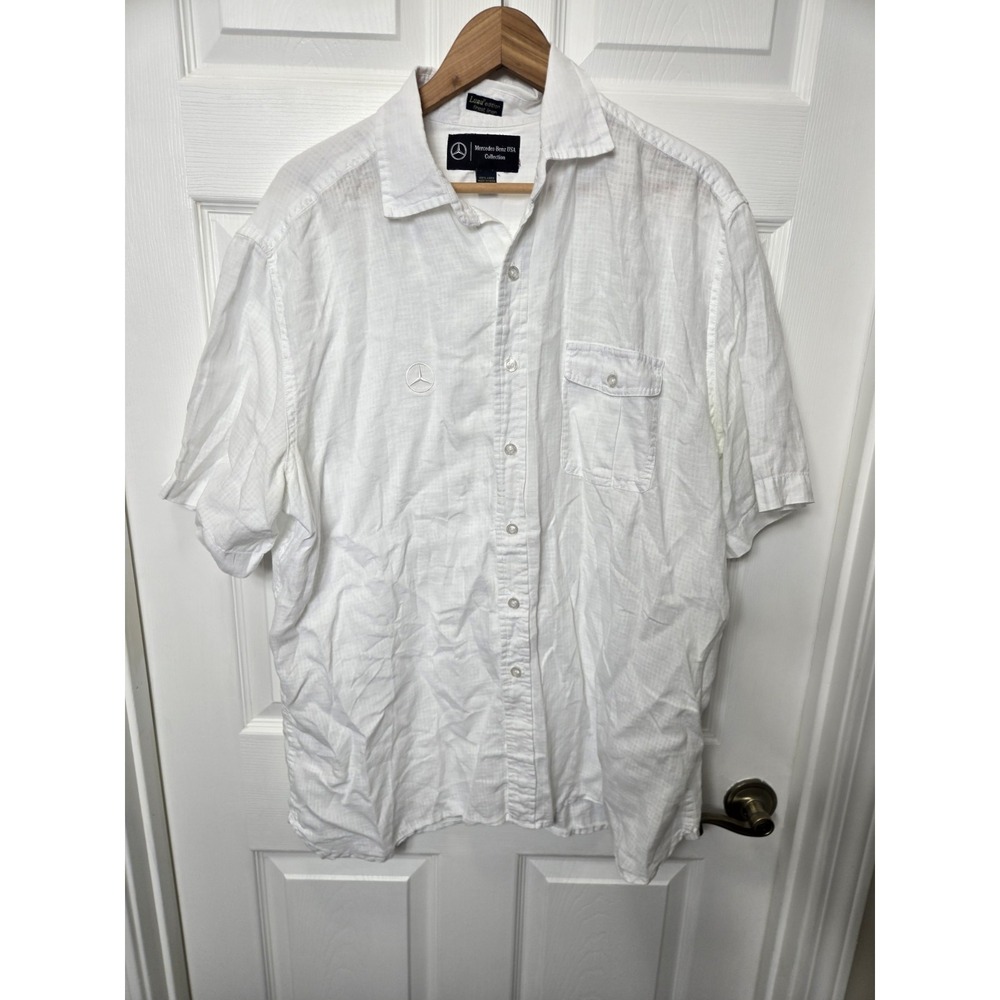 Mercedes-Benz USA Collection Mens XL White Linen Short Sleeve Button Up Shirt